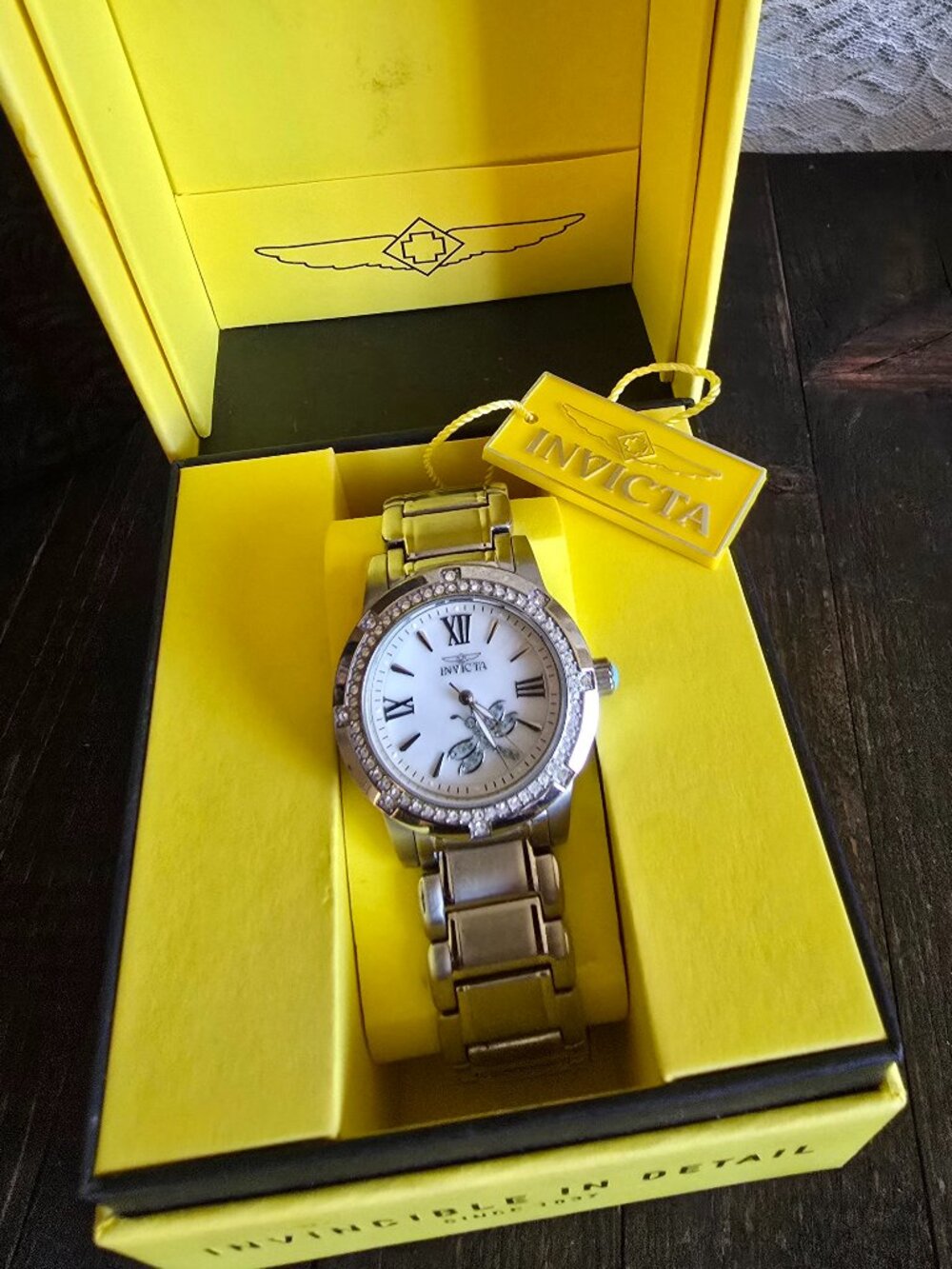 Invicta Angel Quartz Crystal Accented Mother-of-Pearl Silver-tone watch